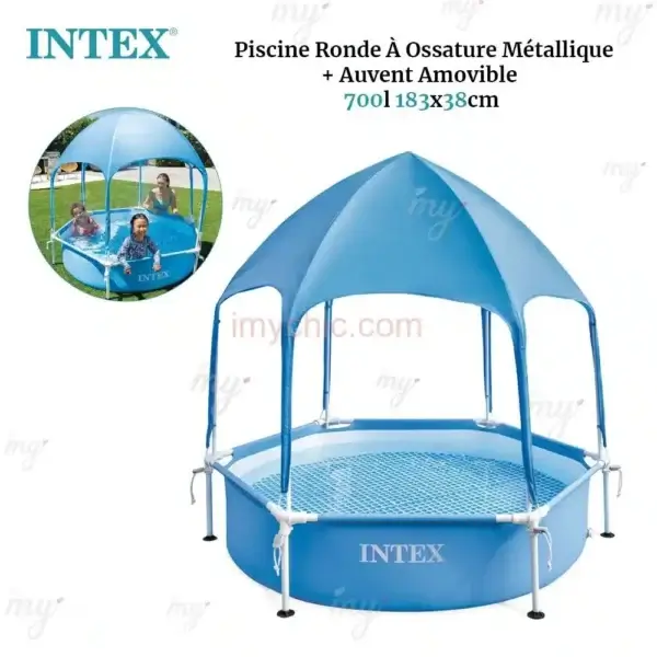 Piscine Ronde À Ossature Métallique Avec Auvent Amovible 183x38cm